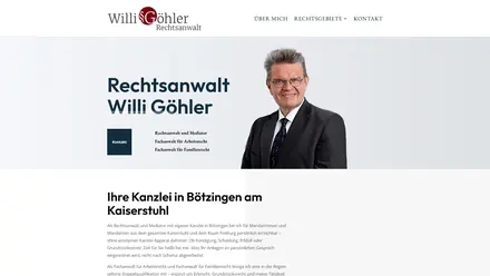 Startseite der Kanzlei Willi Göhler: Foto des Rechtsanwalts neben der Überschrift Rechtsanwalt Willi Göhler und dem Kontakt-Button